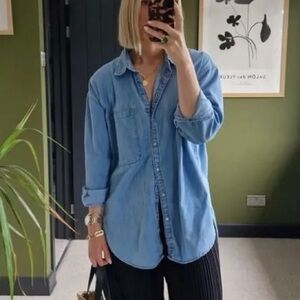 Antonio Melani Denim Western Long Sleeve Shirt Top Blue Jean Pearl Snap Medium